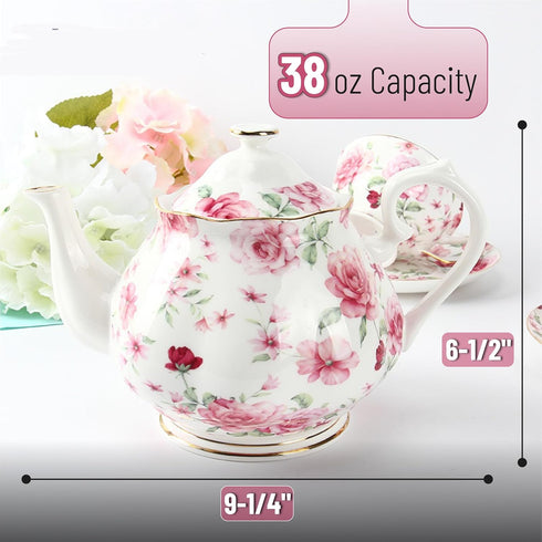 38 oz, BTaT- Floral Tea Pot with Gift Box, White with Pink Roses & Gold Trim, Porcelain Teapot Ceramic, Dishwasher Safe