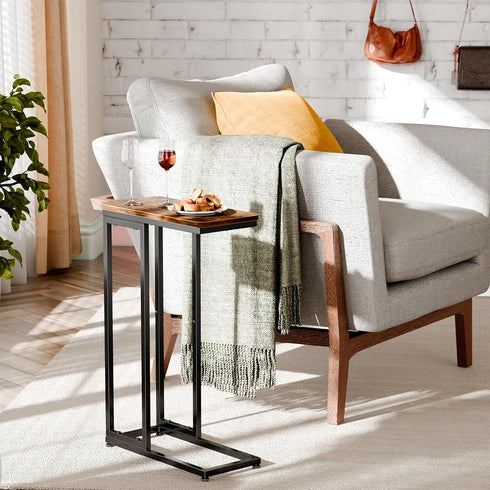 Set 2, Simple Trending C Shaped Side Table, End Table of Sofa Couch Table TV Tray for Living Room, Small Space, Rustic