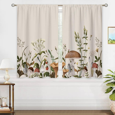 Vintage Mushroom Window Curtains Leaves Botanical Rod Pocket Rustic Boho Mushroom Beige