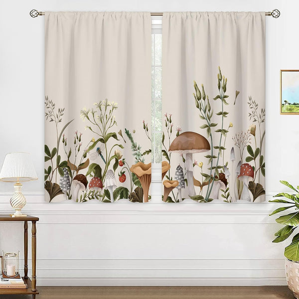 Vintage Mushroom Window Curtains Leaves Botanical Rod Pocket Rustic Boho Mushroom Beige