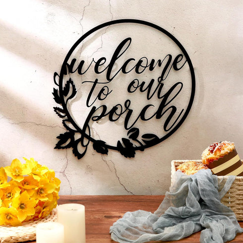 Hotop Welcome to Our Porch Metal Sign, Black 11.8 Inch Wall Hanging Decor for Kitchen, Farmhouse, Home Office