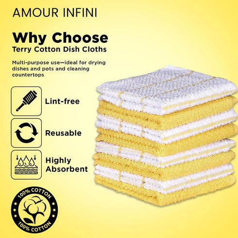 AMOUR INFINI Cotton Kitchen Dish Cloths Set of 8, Highly Absorbent, Super Soft Premium Terry Cleaning Cloth (12"x12"