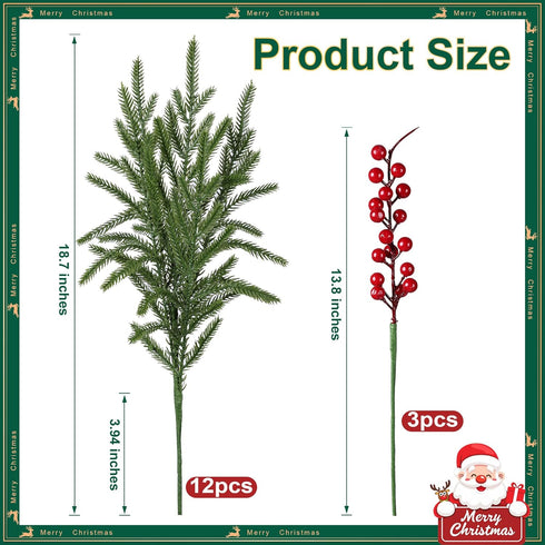 florisso Vases,12 3 Artificial Faux Christmas Norfolk Pine Stems Branches for Bundles Fake Evergreen Real Touch