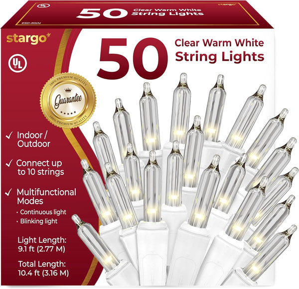 stargo Clear Warm White Christmas Lights - 9 ft String of 50 Incandescent