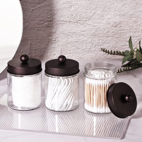 Apothecary Jar Canisters for Bathroom Vanity, Qtip Holder Storage Organizer with Stainless Steel Lids & Cute Stickers,