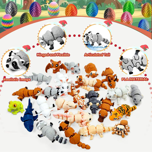 24 3D 1.5-2 Inch Pcs Mini Printed Animals in Sparkle Eggs - Articulated Animal Figurines with Multicolor Gradient