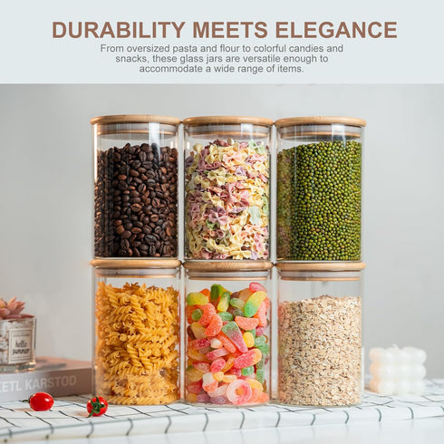 Glass Food Storage Jars 6-Pack 37oz, Clear Canisters with Bamboo Lid, Airtight for Tea, Coffee, Flour, Sugar, Spice
