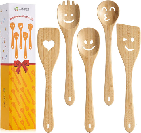 Wooden Cooking Utensil Set - Cute Spatula Set, Funny Bamboo Kitchenware, Unique Mother's Day Gifts for Cooks,