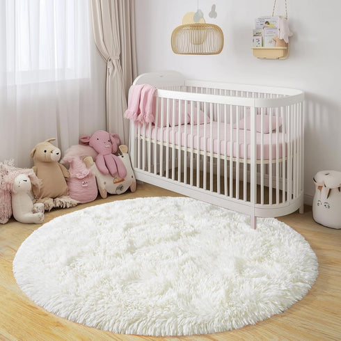 4Ft Xexsin Round Fluffy Rugs for Girls Bedroom, Cream White Shag Circle Kids Rug Non-Slip for Bedside Dorm Nursery
