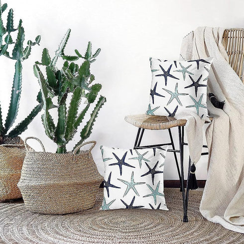 Emvency Set of 2 Throw Pillow Covers, Beach Ocean Coastal Green and Blue Starfish Decorative Pillow Cases 18x18 Inches