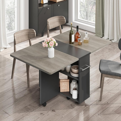 2 Set 4, Space Saving Folding Dining Table with Tier Storage-Extendable Drop Leaf Farmhouse Wood Kitchen Dining Room