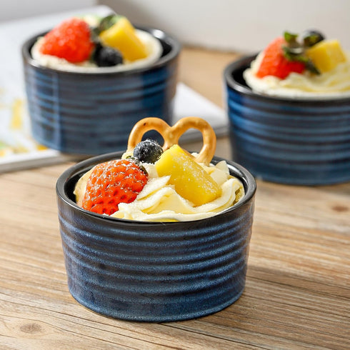 Ceramic 4 oz Ramekins, Tikooere Small Souffle Dishes Set of 6, Mini Baking Bowls for Dipping Sauce, Blue