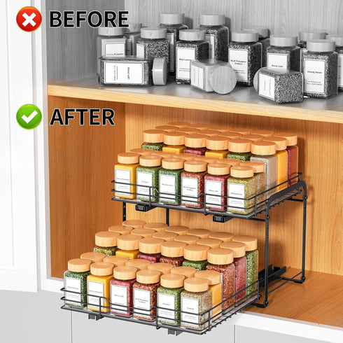 RCHYFEED Spice Rack Organizer, 2 Tier Slide Out Metal Spice Racks for Cabinet & Pantry, Heavy Duty Adjustable
