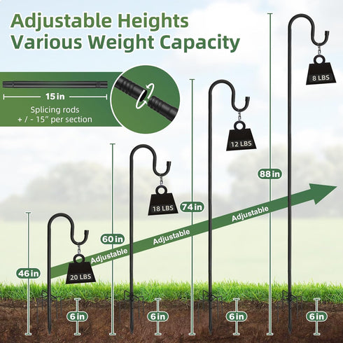78 Inch 5 Hummingbird Lilyvane Outdoor Shepherds Hook, Prong Base Adjustable Shepherd Hooks, Bird Feeder Pole Stand