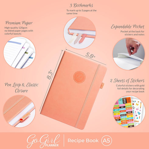 GoGirl Recipe Book – Blank Cookbook to Write In Your Own Recipes – Empty Cooking Journal for Family Recipes – Personalized Recipe Notebook – Hardcover, A5, 58 Recipes In Total - Peach Pink by GoGirl