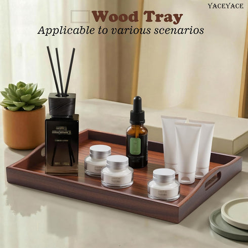 YACEYACE 15.7"x12"x2" Wood Serving Tray for Ottoman, Medium Wodden Serving Tray with Handles for Coffee Table, Wood