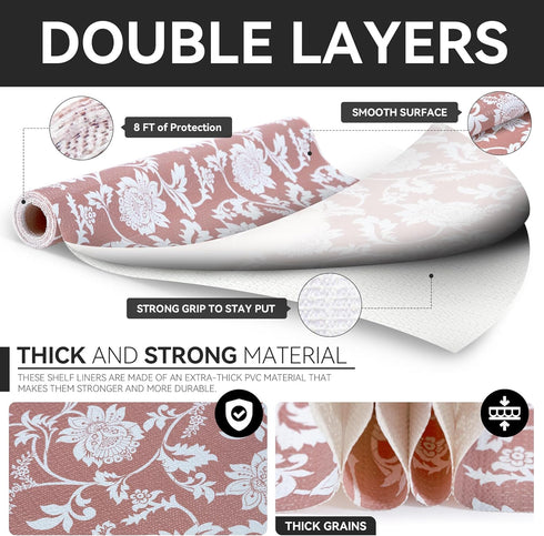 RAY STAR Shelf Liner, Non-Adhesive Pink Floral Kitchen Cabinet Liner, Strong Grip Non-Slip, 18 Inch x 8 FT (4 Rolls)