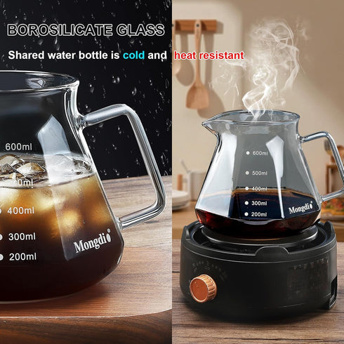 Mongdio 20 oz Pour Over Coffee Maker, High-Heat Borosilicate Glass, 100pcs V60 Filters, Walnut Handle, Gray