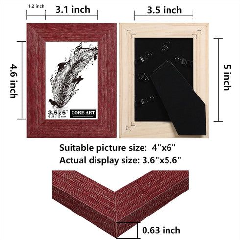 CORE ART Handmade Wood Picture Frame Set of 2, Rustic Red 3.5x5 High Definition Semi-tempered Glass Display
