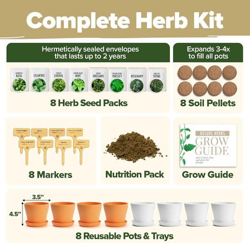 8 Set HOME GROWN Gift Herb Kit Herb Seeds with Basil, Cilantro, Mint & More, Complete Indoor Grow Kit for Kitchen