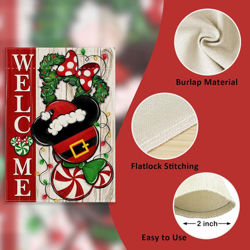 Welcome Christmas Mouse Santa Garden Flag - Xmas Peppermint Candy Wreath Ornament, Double Sided Winter Holiday Decor