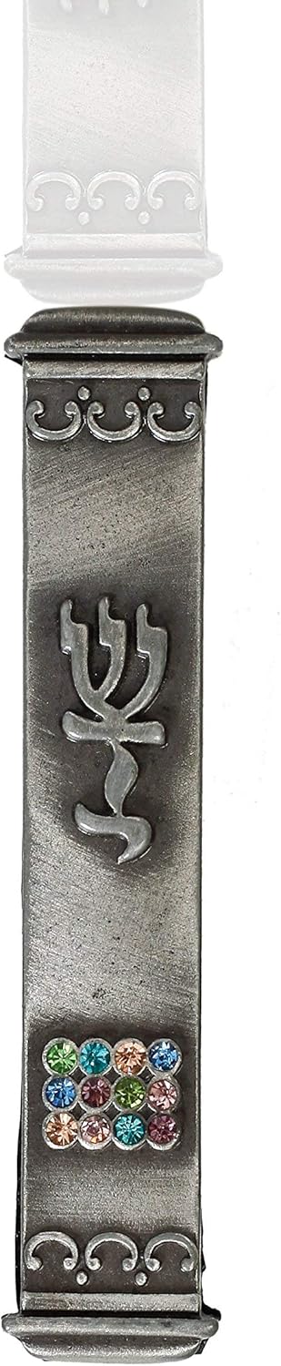 Holy Land Market Mezuzah with Scroll - 12 Tribes Ephod Hoshen Breastplate, 3 Inches, Silver