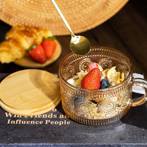 4pcs 14oz Set Ollieroo Coffee Cups,Vintage Coffee Mugs, Overnight Oats Containers with Lids and Spoons, Coffee Glasses