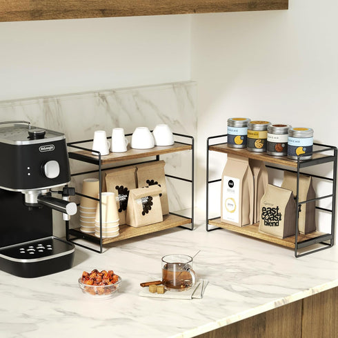 SRIWATANA Bathroom Countertop Organizer Set of 2, Kitchen Counter Shelf Spice Rack for Desktop Storage, Large Wood