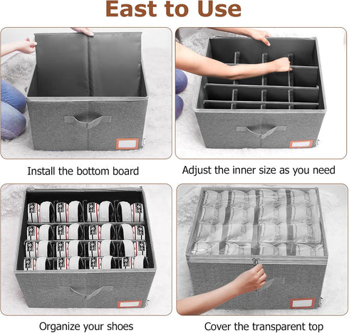 Adjustable Storage Bins for Closet, 16Pairs Wardrobe Clothes Organizer, Shoe Bin, Closet Storage Solution with Clear