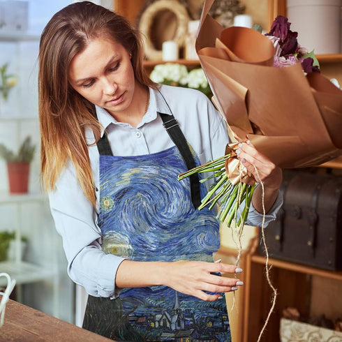 Britimes Apron for Home Kitchen Cooking Baking Gardening, 32x28 inch with Pockets Starry Night Oil Painting