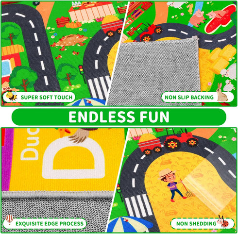 DINSUMRUG 59"39.4" Tummy Kids Rugs for Toy Cars Playroom ABC Farm Life Road Traffic Kids Car Road Rugs Village Map Play