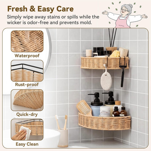 2 Pack GRANNY SAYS Wicker Corner Shower Caddy Hanging, Shower Shelf for Inside Showers, Adhesive Shelves for Bathroom