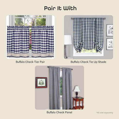 Buffalo Check Valance Window Curtains - 58 Inch Width, 14 Inch Length - Navy Blue & Ivory White Plaid - Light Filtering