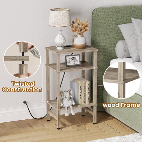 3 Asgolion Tier End Table with Storage and Fast Charging Station, Tall Narrow Nightstand with Type C and USB Port