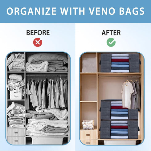 VENO 3 Pack Extra Large Clothes Storage Bag Organizer, Thick Fabric for Comforters, Foldable with Sturdy Zipper, Grey