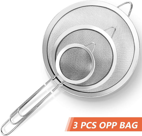 3Pcs Extra Fine Mesh Strainer Set with Handle - Small, Medium, Large Stainless Steel Sieve for Kitchen Baking
