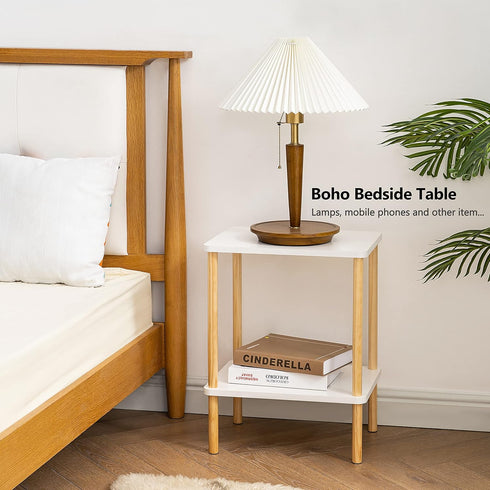 2 Apicizon Tier End Table, Small Side Table with Solid Wood Legs, Boho Bedside Table with Storage Shelf, Nightstand