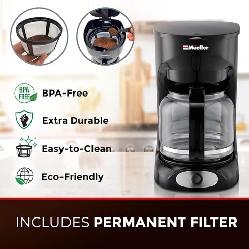 Mueller 12-Cup Drip Coffee Maker with Borosilicate Carafe, Auto-Off, Reusable Filter, and Keep-Warm Function