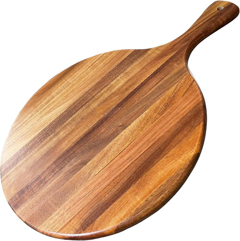 Acacia Wood Round Cutting Board with Handle - Versatile 16"x12" Wooden Charcuterie Board for Pizza, Bread, Cheese
