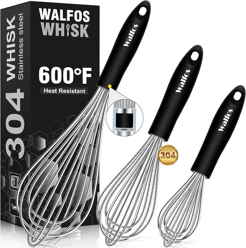 Stainless Steel Wire Whisk Set - 3 Packs (7"+9"+11") Balloon Whisk, Thick Wire Wisk & Strong Handles for Cooking,