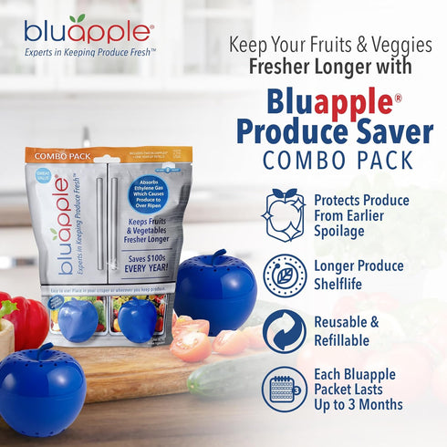 Bluapple Ethylene Gas Absorber Produce Saver Combo Pack, 8 Packets and 2 Bluapples, Keeps Fruits Fresh