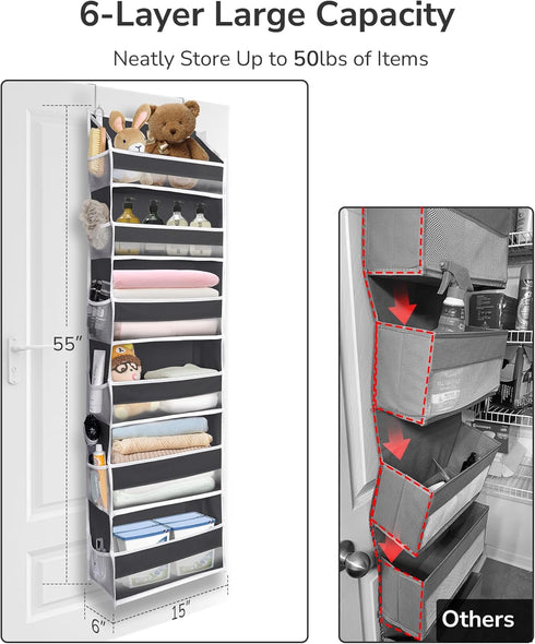 ULG Over The Door Organizer with 6 Large Pockets 12 Side Pockets, 50lbs Weight Capacity Door Hanging Organizer for Bedroom, Bathroom, Pantry, Nursery Storage, Dark Gray by ULG