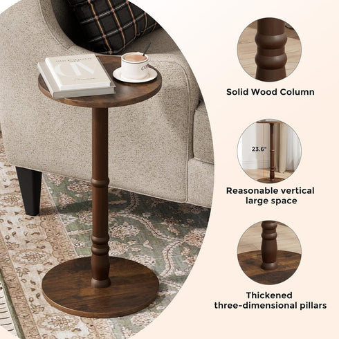 Homleke 12" Round Side Table, Solid Wood Pillar with Wood Top & Base, Small Drink Accent Table for Living Room