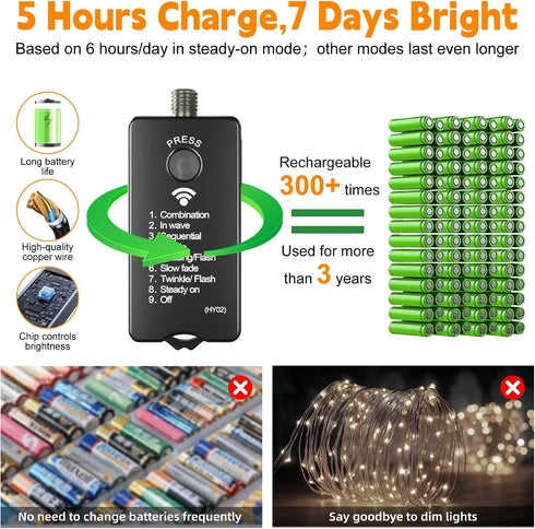 66ft 200 HXWEIYE Rechargeable Fairy Lights with Remote, LED Twinkle Lights with DIY Timer & Light Sensor, Waterproof