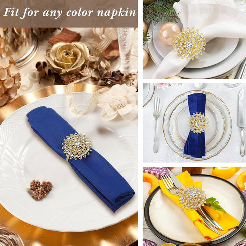 Geiserailie 6 Pcs Gold Flower Napkin Rings, Alloy Floral Crystal Rhinestone Holders for Wedding, Holiday Table