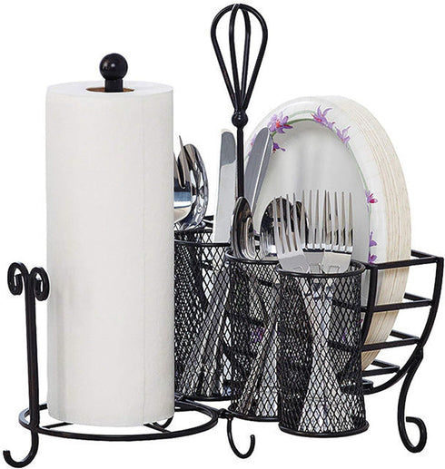 15 14 13 Mikasa Gourmet Basics Avilla Picnic Caddy, Antique Black Finish, Paper Plate Organizer with Flatware Canisters