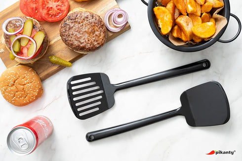 Spatula Turner Set of 2 for Cooking, Ideal for Flipping Eggs and Pancakes, Nonstick Cookware, Made in USA (Black)