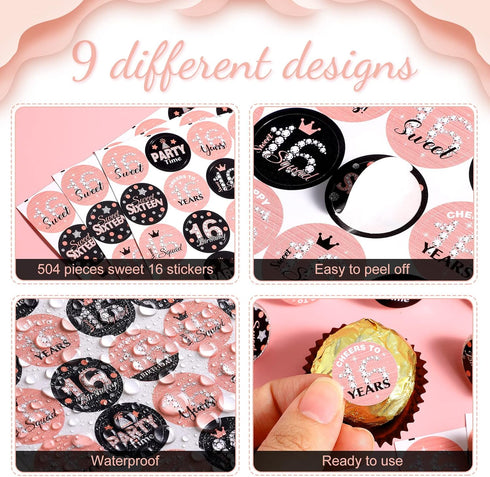 Zonon 504 Pieces Sweet 16 Birthday Party Favors Stickers, Mini Kisses Candy Wrappers, Sweet Sixteen Decorations