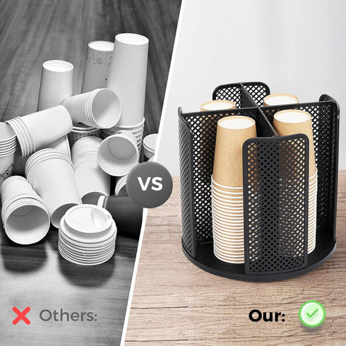 Rotatable Cup and Lid Organizer with 4 Compartments, Coffee Cup Dispenser for Countertop, Bathroom, Kitchen, Coffee