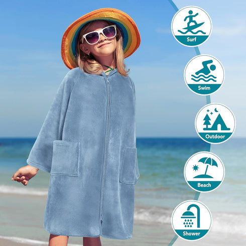 7-10 SUN CUBE Hooded Towel Robe for Kids, Zip Up Swim Parka Beach Cover Up for Girls Boys, Surf Poncho Changing Bath